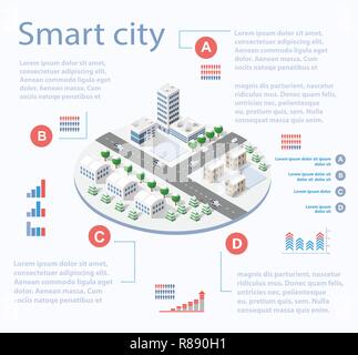 Smart city isometric infographics with skyscrapers, buildings and roads. Concept of urban development and statistics in graphic illustrations Stock Vector