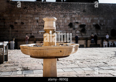 Cranes with water and a special ritual cups for washing hands Western Wall. Jerusalem Israel. Stock Photo