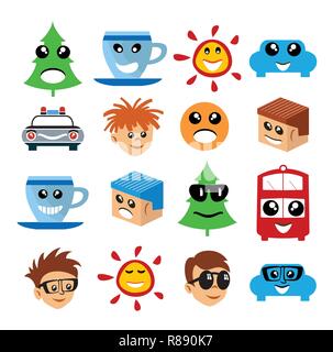 Emoji emoticon expression icons in style cartoon collection face symbols graphics pictogram of fun people smile image Stock Vector