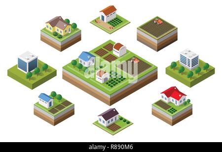 Farm set of houses in isometric style Stock Vector