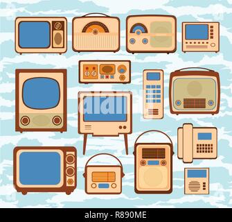 Set broadcast vector illustrations icon set with retro radio, old media, TV, phone and electrical household goods Stock Vector