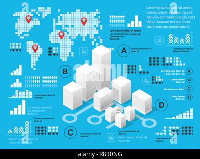 Blue illustration infographics of urban infrastructure in the field of industrial construction and heavy industry. Template for presentation and desig Stock Vector