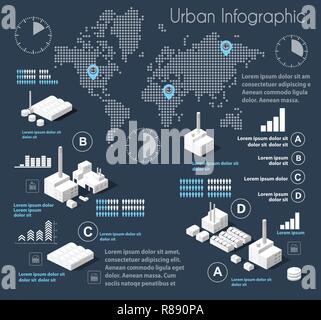 Dark blue illustration infographics of urban infrastructure in the field of industrial construction and heavy industry. Template for presentation and  Stock Vector