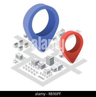 Isometric city with skyscrapers with houses, streets and buildings. Navigation pointer arrow direction of movement and travel Stock Vector