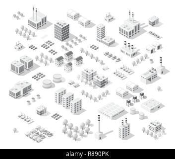 Isometric set city with skyscrapers with houses, streets and buildings Stock Vector