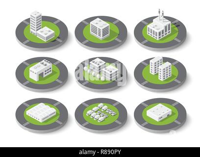 Isometric set city urban factory icon, building, power plant, heating gas, warehouse, elevator exterior. Flat map isolated infographic element Stock Vector