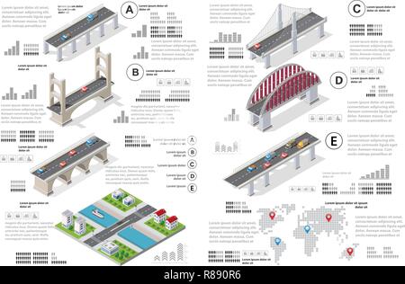 Infographics of bridges in the field of industrial construction and heavy industry. Template for presentation and design Stock Vector