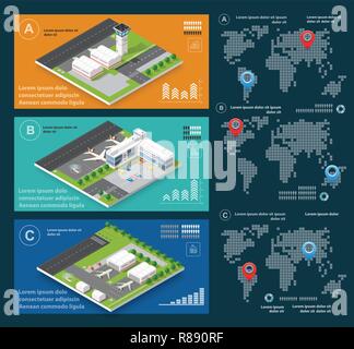 Infographics of transportation flights airport in the field of industrial construction and heavy industry. Template for presentation and design Stock Vector