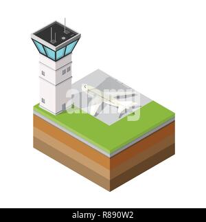 Airport runway control tower of transportation flights airport in the field of industrial construction and heavy industry. Template for presentation a Stock Vector