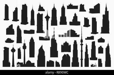 Set of silhouettes of high-rise buildings skyscrapers urban infrastructure Stock Vector