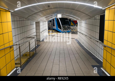 The Carmelit an underground funicular railway, one of the smallest subway in the world, only four cars, six stations, single tunnel 1.8 km long. tunne Stock Photo