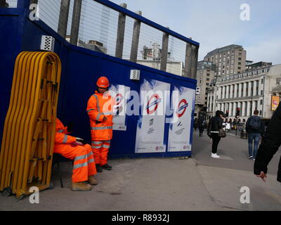 Transport for London construction workers outside a Crossrail building site in the West End of London, England, February 2018. Stock Photo