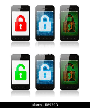 Set of smartphones with interface designs showing cyber security concept, on white background Stock Photo