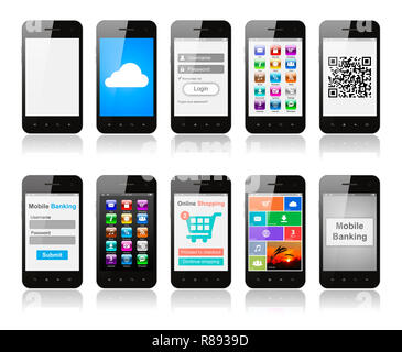 Set of smartphones with interface designs showing different functions and apps, on white background Stock Photo
