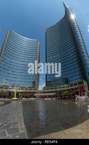 Vertical view of the UniCredit Tower in Milan, Italy. Stock Photo