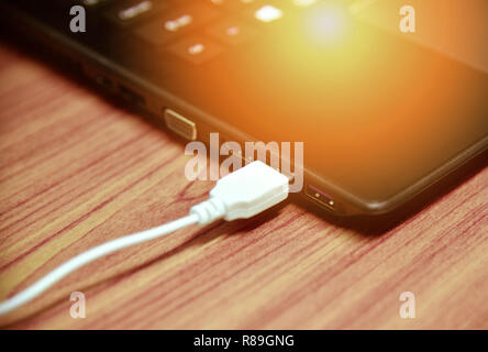 usb cable in notebook device / white electronics cable in usb port on computer accessories Stock Photo