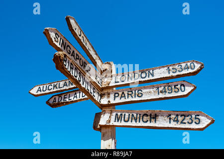 Sign with directions and distances in the middle of William Creek. Stock Photo