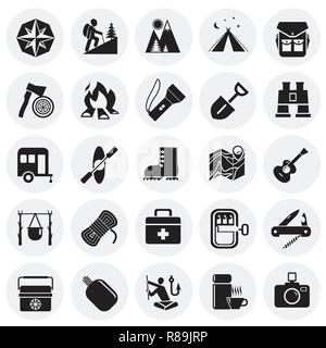 Camping icons set on circles background for graphic and web design, Modern simple vector sign. Internet concept. Trendy symbol for website design web button or mobile app. Stock Vector