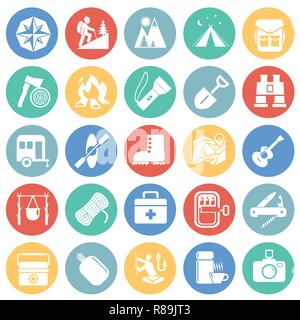 Camping icons set on color circles background for graphic and web design, Modern simple vector sign. Internet concept. Trendy symbol for website design web button or mobile app. Stock Vector