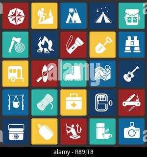 Camping icons set on color squares background for graphic and web design, Modern simple vector sign. Internet concept. Trendy symbol for website design web button or mobile app. Stock Vector