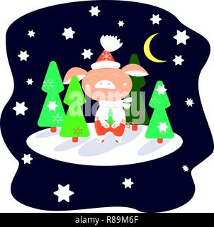 Piglet in red pants in a winter forest on a starry night among green Christmas trees Stock Vector