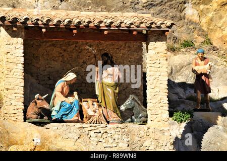 Jijona, Alicante, Spain- December 9, 2018: Traditional nativity figures in Jijona village at Christmas Stock Photo