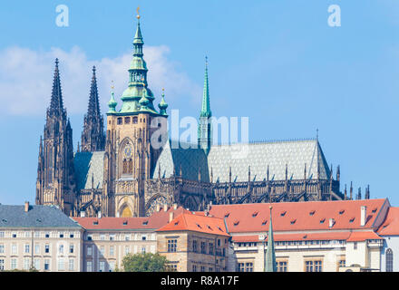 Prague skyline with St. Vitus Cathedral Great south tower of the cathedral Katedrála Sv. Víta and Prague castle Prague Czech Republic Europe Stock Photo