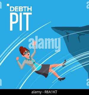 Falling Scared Business Woman Vector Falls From The Edge Of The Mountain Edge Crisis, Bankruptcy, Debt Pit. Illustration Stock Vector