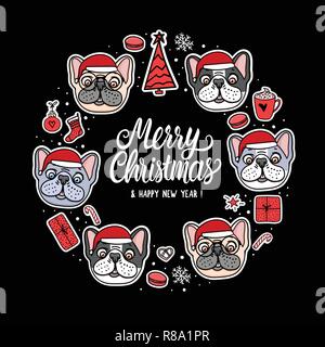 Card French and American Bulldog Puppy in Merry Christmas santa hats. Frame lettering. Vector Illustration dog hand drawn stickers Stock Vector