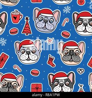 French bulldog puppies hand drawn characters. Seamless pattern Dogs in Christmas red hats. Vector Illustration holiday design. Stock Vector