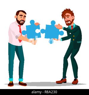 Partnership Vector. Two Man Businessman Holding In Hands Two Large Puzzles And Put It Together. Illustration Stock Vector