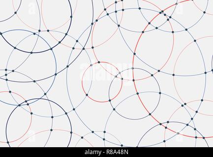 Abstract blue and red circles lines round overlay white background and connecting dots technology concept for your design. Vector Illustration Stock Vector