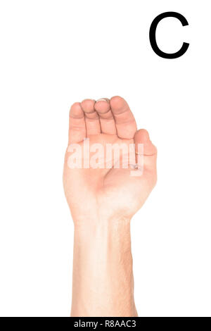 cropped view of man showing latin letter - C, deaf and dumb language, isolated on white Stock Photo