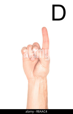 cropped view of man showing latin letter - D, deaf and dumb language, isolated on white Stock Photo