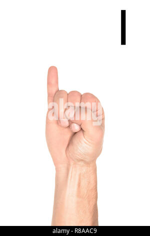 partial view of hand showing latin letter - I, deaf and dumb language, isolated on white Stock Photo