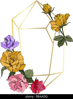 Vector Rose. Floral botanical flower. Wild spring leaf. Red, pink and yellow engraved ink art. Frame golden crystall. Geometric polygon crystal shape. Stock Vector