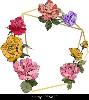 Vector Rose. Floral botanical flower. Wild spring leaf. Red, pink and yellow engraved ink art. Frame golden crystall. Geometric polygon crystal shape. Stock Vector