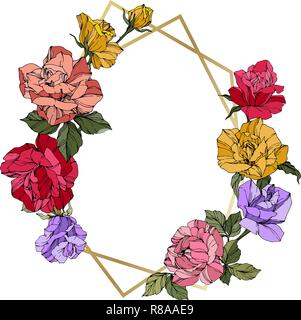 Vector Rose. Floral botanical flower. Wild spring leaf. Red, pink and yellow engraved ink art. Frame golden crystall. Geometric polygon crystal shape. Stock Vector