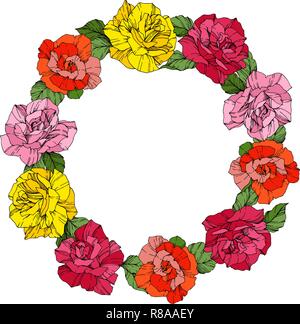 Vector Rose. Floral botanical flower. Wild spring leaf. Red, pink and yellow engraved ink art. Frame border ornament wreath. Stock Vector