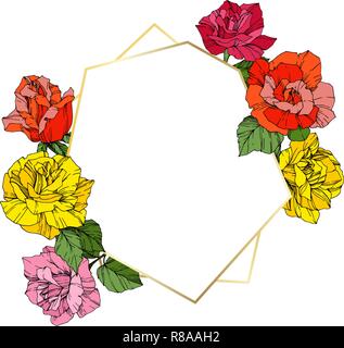 Vector Rose. Floral botanical flower. Wild spring leaf. Orange, pink and yellow engraved ink art. Frame golden crystall. Geometric polygon crystal sha Stock Vector