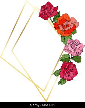 Vector Rose. Floral botanical flower. Wild spring leaf. Orange, pink and yellow engraved ink art. Frame golden crystall. Geometric polygon crystal sha Stock Vector