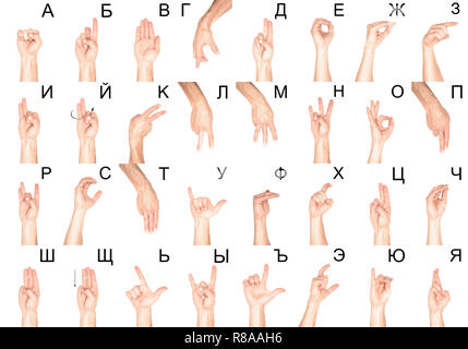 set of cyrillic sign language with female and male hands, isolated on white Stock Photo