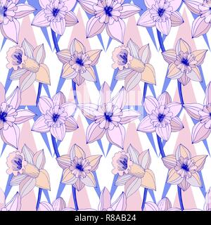 Vector Narcissus. Floral botanical flower. Purple engraved ink art. Seamless background pattern. Fabric wallpaper print texture on white background. Stock Vector