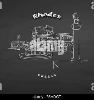 Rhodes Greece landmarks on blackboard. Hand-drawn vector illustration. Famous travel destinations series. Stock Vector