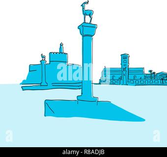 Rhodes Greece old harbror sign. Hand-drawn vector illustration. Famous travel destinations series. Stock Vector