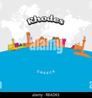 Rhodes Greece colorful panorama. Hand-drawn vector illustration. Famous travel destinations series. Stock Vector