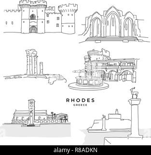 Rhodes Greece landmarks drawings. Hand-drawn vector illustration. Famous travel destinations series. Stock Vector