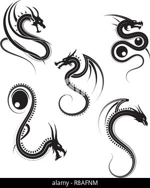 vector illustration, set of round tribal dragon designs, black and white graphics Stock Vector