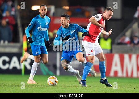 Prague, Czech Republic. 13th Dec, 2018. L-R Hernani, Sebastian Driussi (both Zenit) and Vladimir Coufal (Slavia) in action during the UEFA Europa League, Group Stage, Group C, match between SK Slavia Praha and FC Zenit Saint Petersburg, in Prague, Czech Republic, on December 13, 2018. Credit: Ondrej Deml/CTK Photo/Alamy Live News Stock Photo