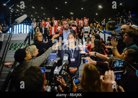 A polish student is seen speaking to the media during the protest at the UN COP24 Climate Change conference. Polish students stage a protest in solidarity with a Swedish 15-year-old Greta Thunberg, A climate activist who was protesting outside the Sweden's parliament refusing to attend school and calling on politicians to take climate issues seriously. Stock Photo